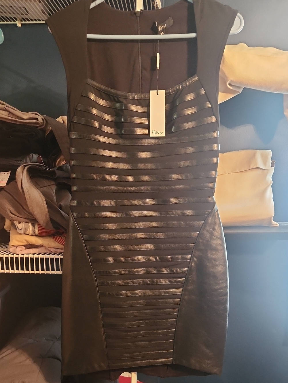 NWT Sky Black Faux Leather Panel Bodycon Cap Sleeve Dress Size Medium